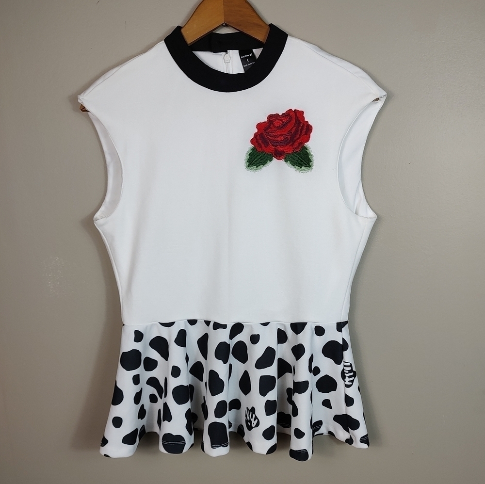 Shein X White Black Peplum Top Animal Print Rose Large